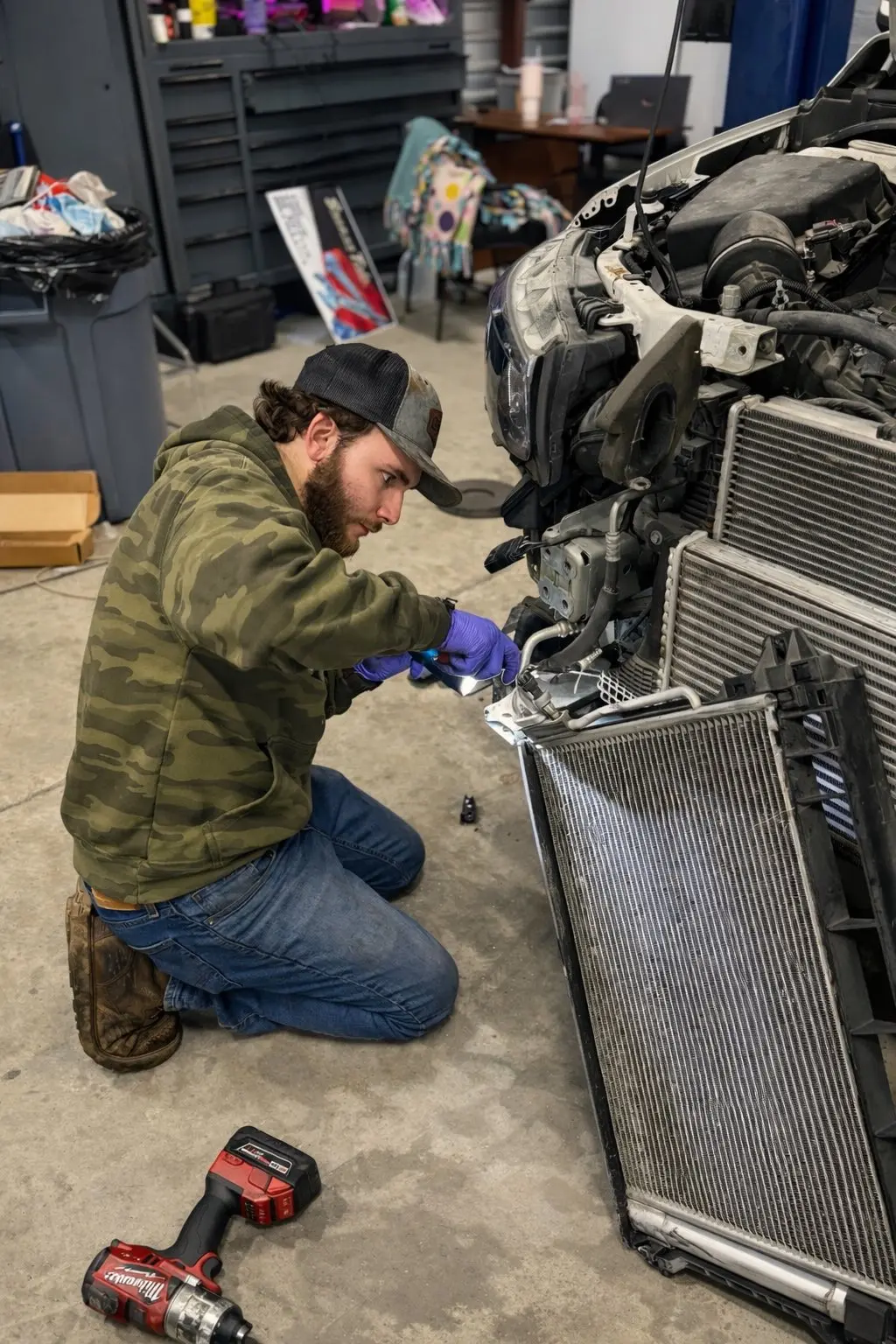 Nick Chapman working on a vehicle front end